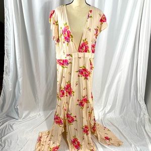 ASOS U.S. SIZE 16 PINK AND GREEN FLORAL DEEP V NECK SHORT SLEEVES DRESS